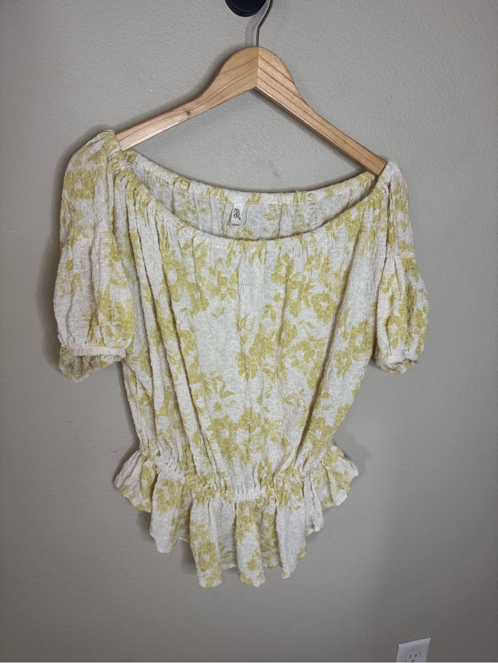 Free People White Yellow Floral Textured Off Shoulder Peplum Top Small